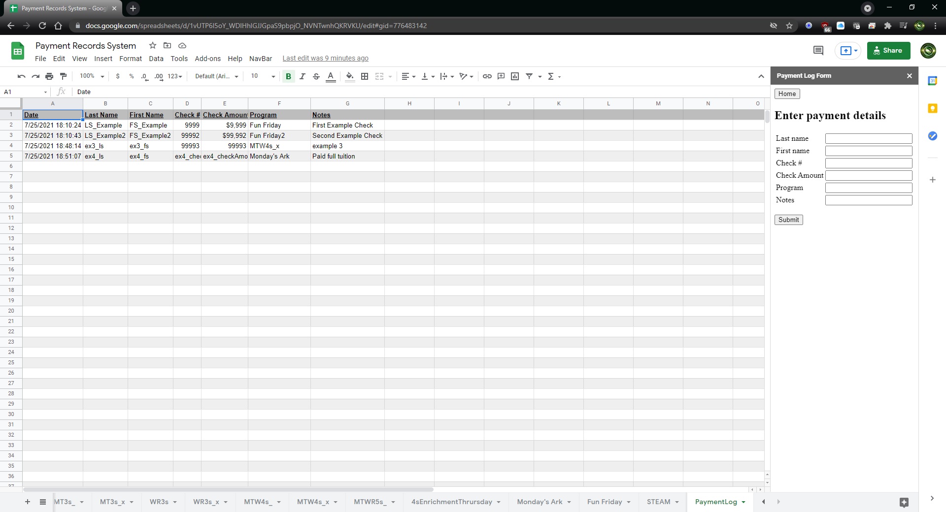 Screenshot of Payment Log sheet